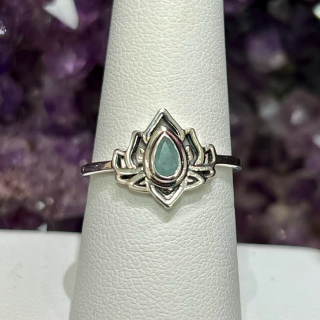 Aquamarine Rings - Size 9 Teardrop Pear Lotus - Sterling Silver