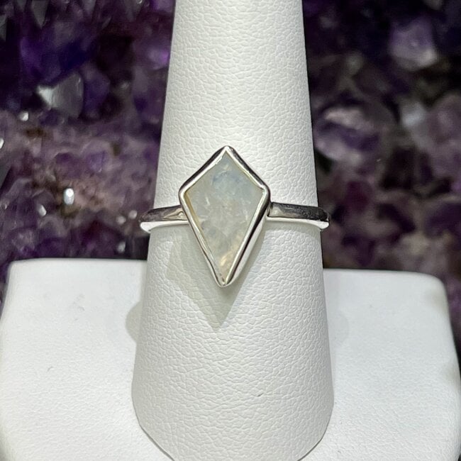 Rainbow Moonstone Rings - Size 5 Diamond Bezel Set - Sterling Silver