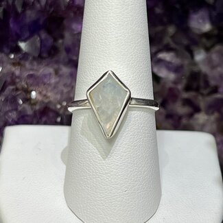 Rainbow Moonstone Rings - Size 9 Diamond Bezel Set - Sterling Silver