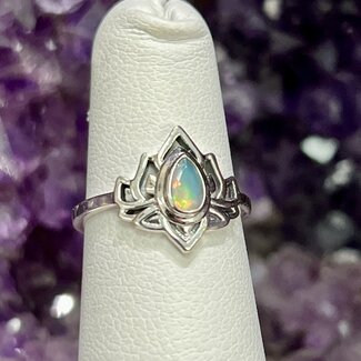 Ethiopian Opal Rings - Size 4 Teardrop Pear Lotus - Sterling Silver