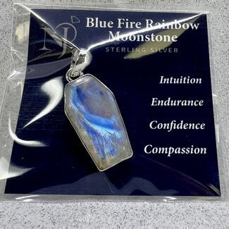Blue Fire Rainbow Moonstone Pendant - Coffin Faceted Bezel - Sterling Silver