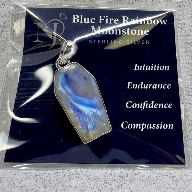 Blue Fire Rainbow Moonstone Pendant - Coffin Faceted Bezel - Sterling Silver