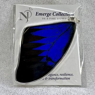 Blue & Black Butterfly Wing Pendant - Sterling Silver 2.5" Peru
