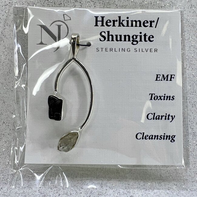 Herkimer Diamond & Shungite Pendant - Rough Deco - Sterling Silver Raw Natural