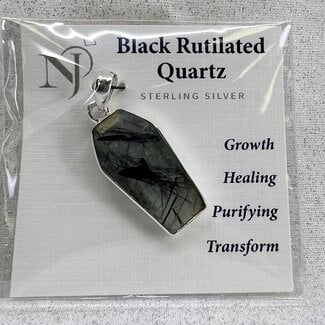 Black Tourmaline in Quartz (Black Rutilated Tourmalated) Pendant - Coffin Sterling Silver