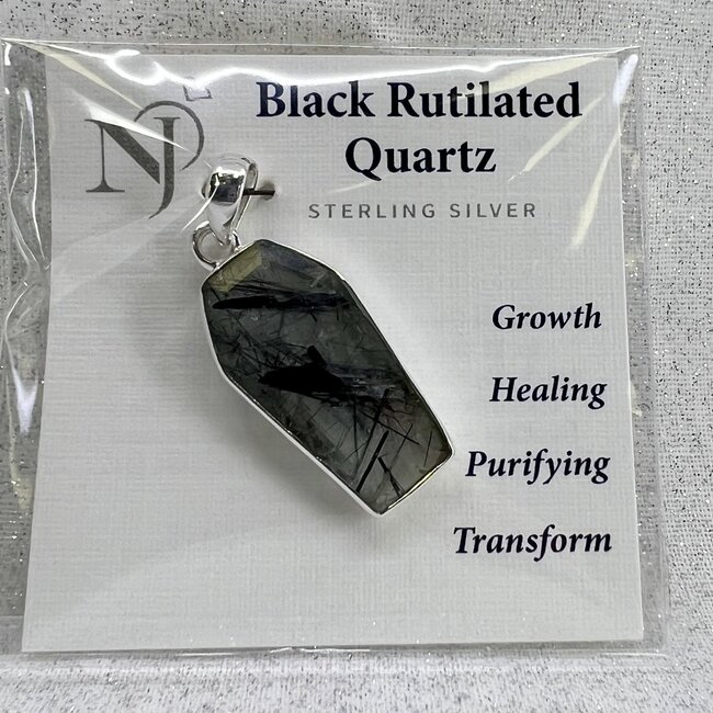 Black Tourmaline in Quartz (Black Rutilated Tourmalated) Pendant - Coffin Sterling Silver
