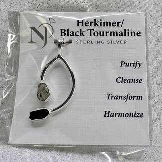 B57 Herkimer Diamond & Black Tourmaline Pendant - Rough Deco - Sterling Silver Raw Natural