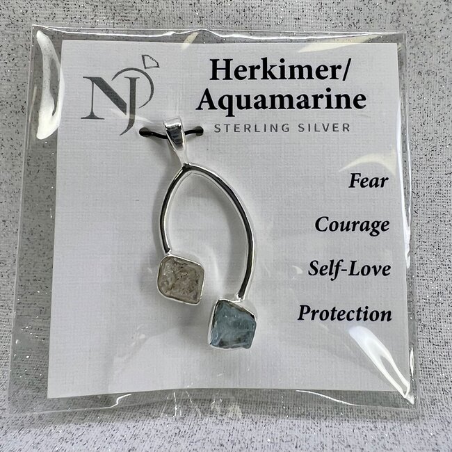 Herkimer Diamond & Aquamarine Pendant - Rough Deco - Sterling Silver Raw Natural