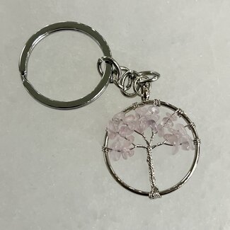 Rose Quartz Tree of Life Keychain - Round Wire Wrapped