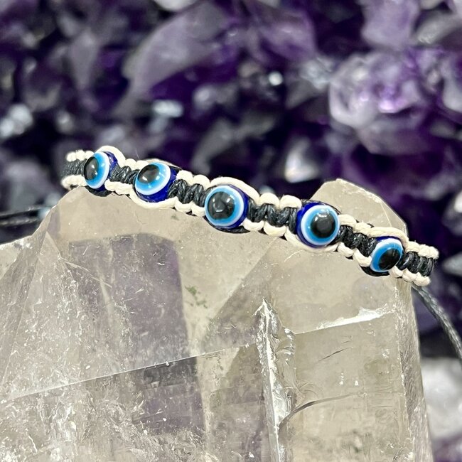 Evil Eye Bracelets - Blue Eyes Black & White Braided Cord - Parachute Adjustable