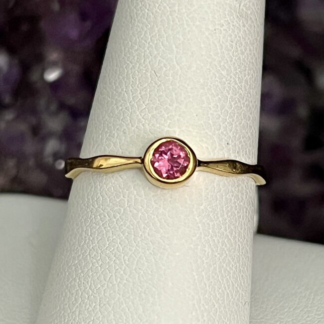 Pink Tourmaline Rings - Size 10 Round Bezel Set - Stackable Gold Vermeil 18k