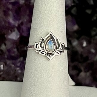 Rainbow Moonstone Ring -  Size 6 Teardrop Pear Lotus - Sterling Silver