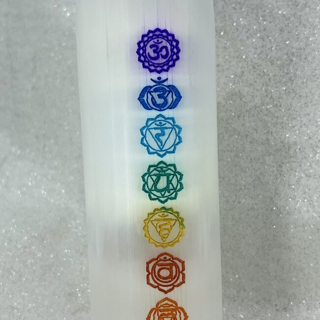 Selenite (Satin Spar Gypsum) Chakra Tower Point Generator - 6" Engraved Symbols Large