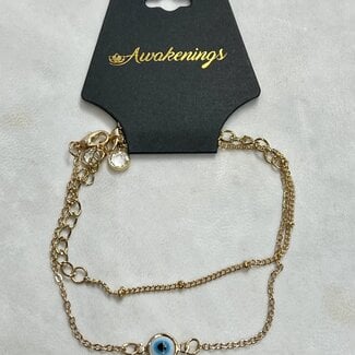 Blue Evil Eye Bracelet w/ Gold Plated Double Layer Chains