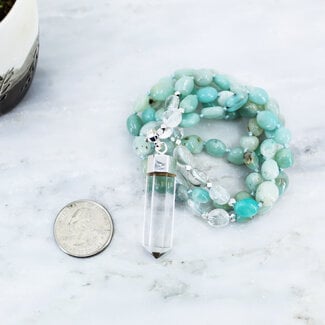 Amazonite Beaded Necklace with Clear Quartz Point - 16.5" Mala