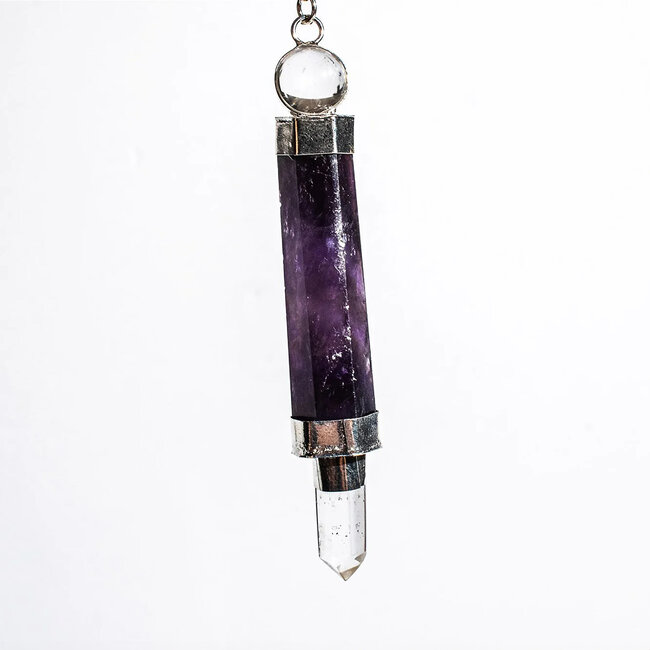 Amethyst & Clear Quartz Point Pendulums - Dowsing Faceted Divination Silver Chain - Crystal Gemstone