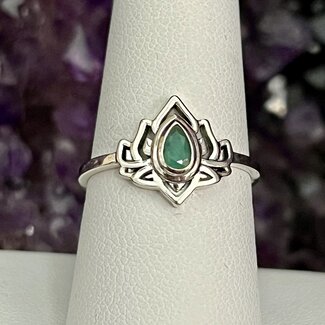Emerald Ring - Size 7 Teardrop Pear Lotus - Sterling Silver