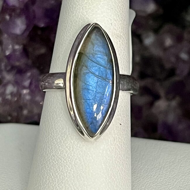Blue Fire Labradorite Rings - Size 8 Marquise Marquee Bezel Set - Sterling Silver