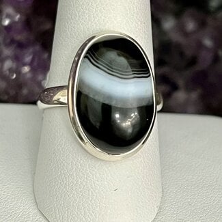 Black Banded Agate Rings - Size 10 Oval Bezel Set - Sterling Silver