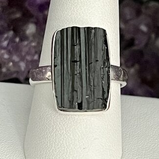 Black Tourmaline Rings - Size 11 Rectangle Rough Raw Natural - Sterling Silver