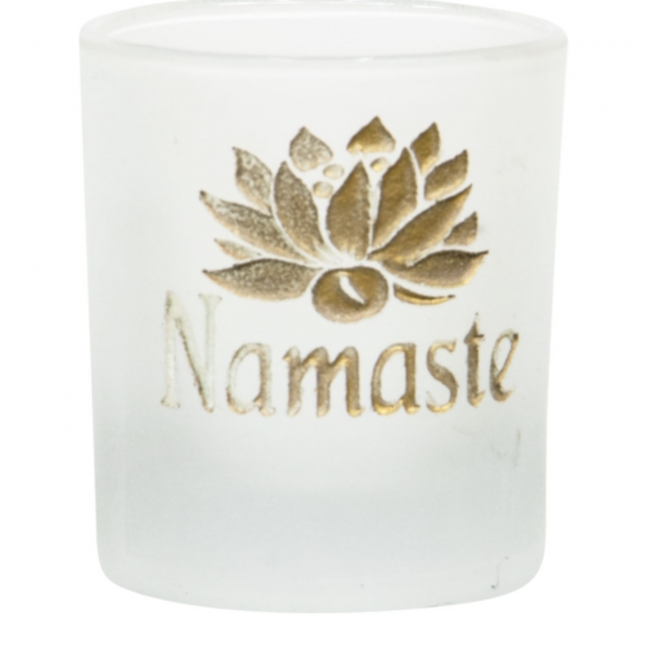 Namaste Lotus Votive Candle Holder - Gold Etched Frosted Glass