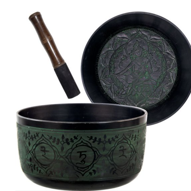 6" Green & Black Symbols w/ Goddess Design Aluminum Singing Bowl w/ Striker - Lightweight, Rounded