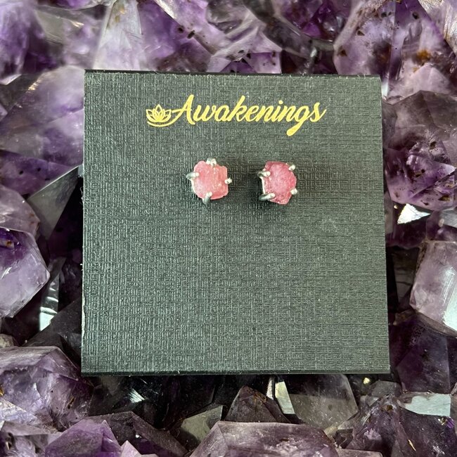Pink Red (Rubellite) Tourmaline Earrings - Studs Rough Raw Natural - Sterling Silver