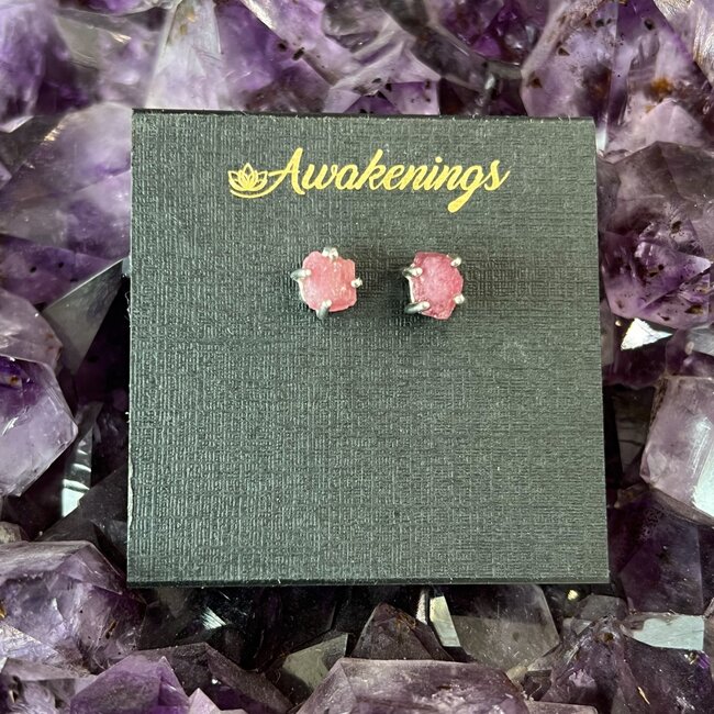 Pink Red Tourmaline Earrings - Rough Raw Natural Studs - Sterling Silver