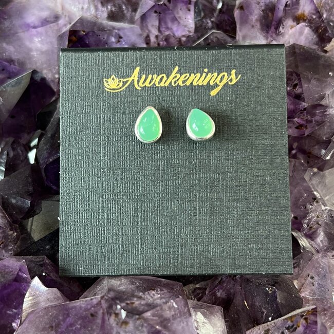 Green Chrysoprase Earrings - Teardrop Pear Studs - Sterling Silver