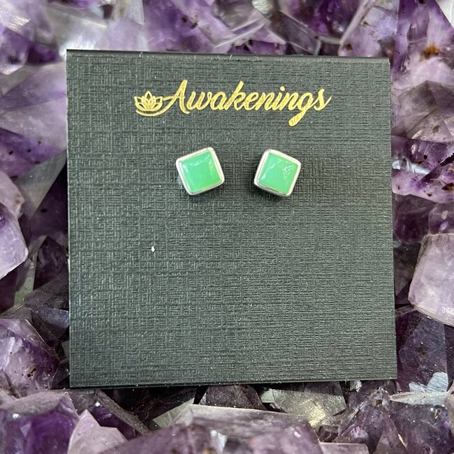 Green Chrysoprase Earrings - Square Studs - Sterling Silver