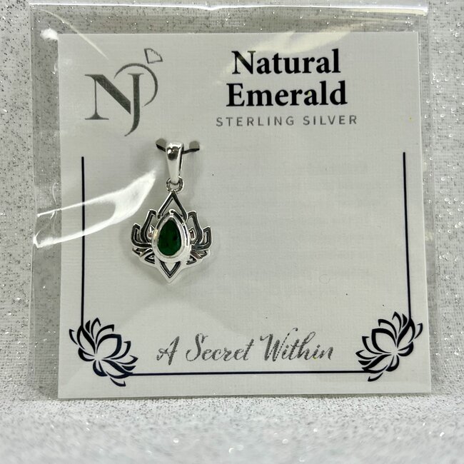 Emerald Pendant - Lotus Teardrop Pear - Sterling Silver
