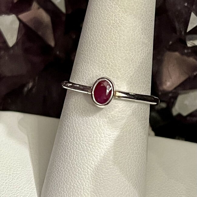 Red Ruby Rings - Size 7 Oval Faceted Bezel Set - Sterling Silver