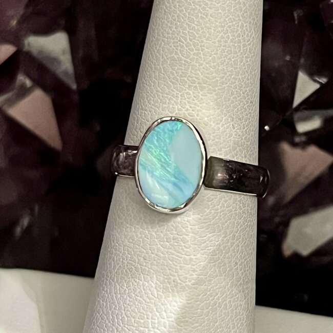 Australian Opal Rings - Size 6 Oval - Bezel Set Sterling Silver
