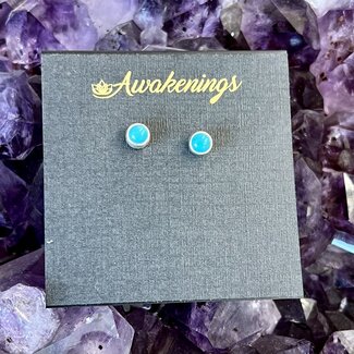 Turquoise Earrings - Round Circle Studs Bezel Set - Sterling Silver
