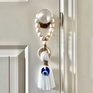 Evil Eye Glass  Hanging Amulet White Tassel w/ Wooden Beads - Hanging Door Decor