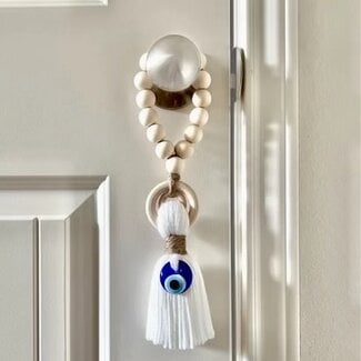 Evil Eye Glass Hanging Amulet White Tassel with Wooden Beads - Hanging Door Decor