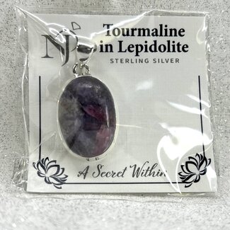 Pink Red Tourmaline in Lepidolite (Unicorn Stone) Pendant - Oval Sterling Silver
