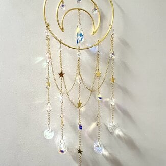 Gold Suncatcher (Sun Catcher) w/ Crescent Moon &  Faceted Teardrop Prism & Stars Inside Gold Plated Circle,  Strands of Faceted Crystals & Stars - 20"