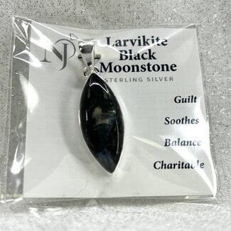 Larvikite Black Moonstone Pendant - Marquise Marquee - Sterling Silver