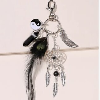 Mini Dreamcatcher Dream Catcher Keychain - Black Obsidian Yin Yang Black Feathers Silver Plated