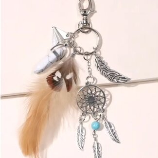 Mini Dreamcatcher Dream Catcher Keychain - Howlite, Brown Feathers Silver Plated