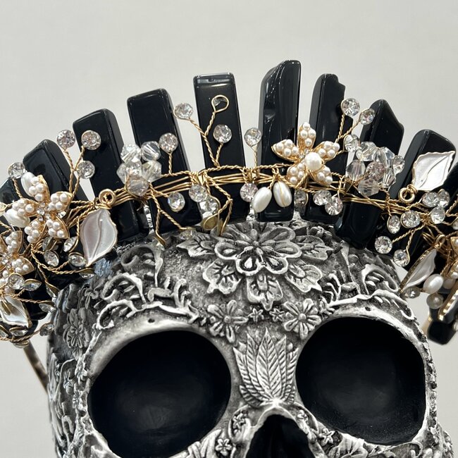 Black Obsidian Crown Tiara -  Flowers & Pearls (Gold Plated) Crystal Headband Hair Accessories