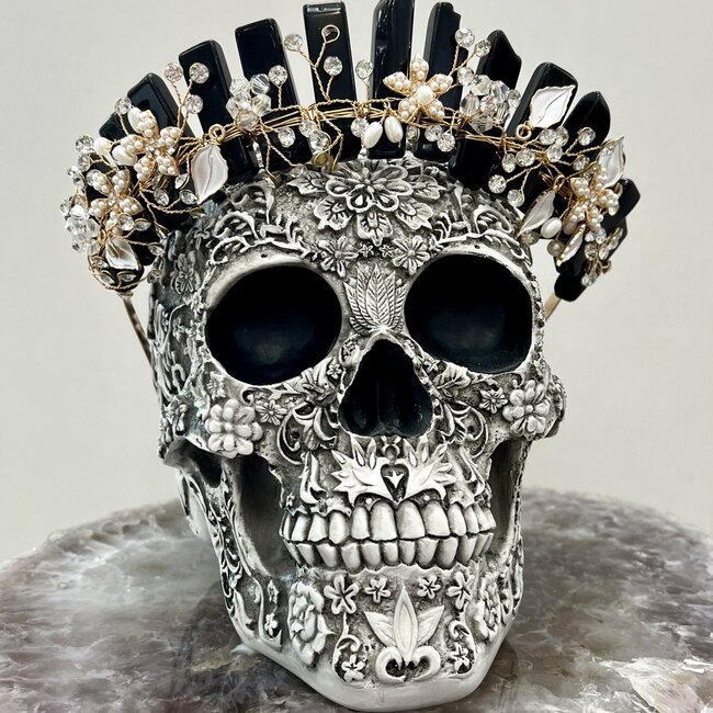 Black Obsidian Crown Tiara -  Flowers & Pearls (Gold Plated) Crystal Headband Hair Accessories