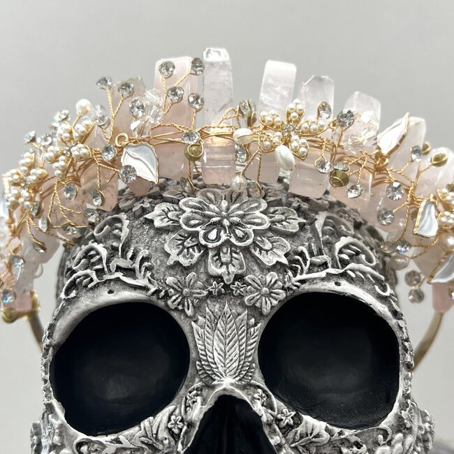 Rose Quartz Crown Tiara -  Flowers & Pearls (Gold Plated) Crystal Headband Hair Accessories