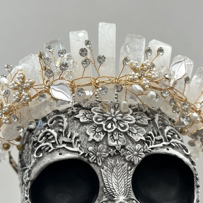 Clear Quartz Crown Tiara -  Flowers & Pearls (Gold Plated) Crystal Headband Hair Accessories