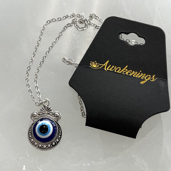 Evil Eye Necklace - Vintage Decorative Blue Simple 18" Silver Plated - Round Glass