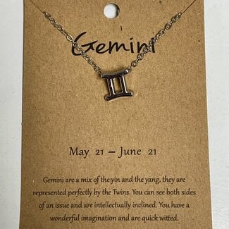 Gemini Zodiac Sign Pendant Charm (Silver Plated) Choker Necklace  -  (16-18" Adjustable)