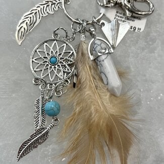 Mini Dreamcatcher Dream Catcher Keychain - Howlite, Brown Feathers Silver Plated