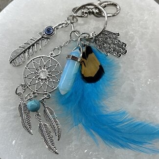 Mini Dreamcatcher Dream Catcher Keychain - Opalite Evil Eye  Feathers & Hamsa Hand Silver Plated