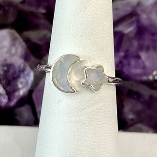 Rainbow Moonstone Ring - Size 10 Crescent Moon & Star - Sterling Silver